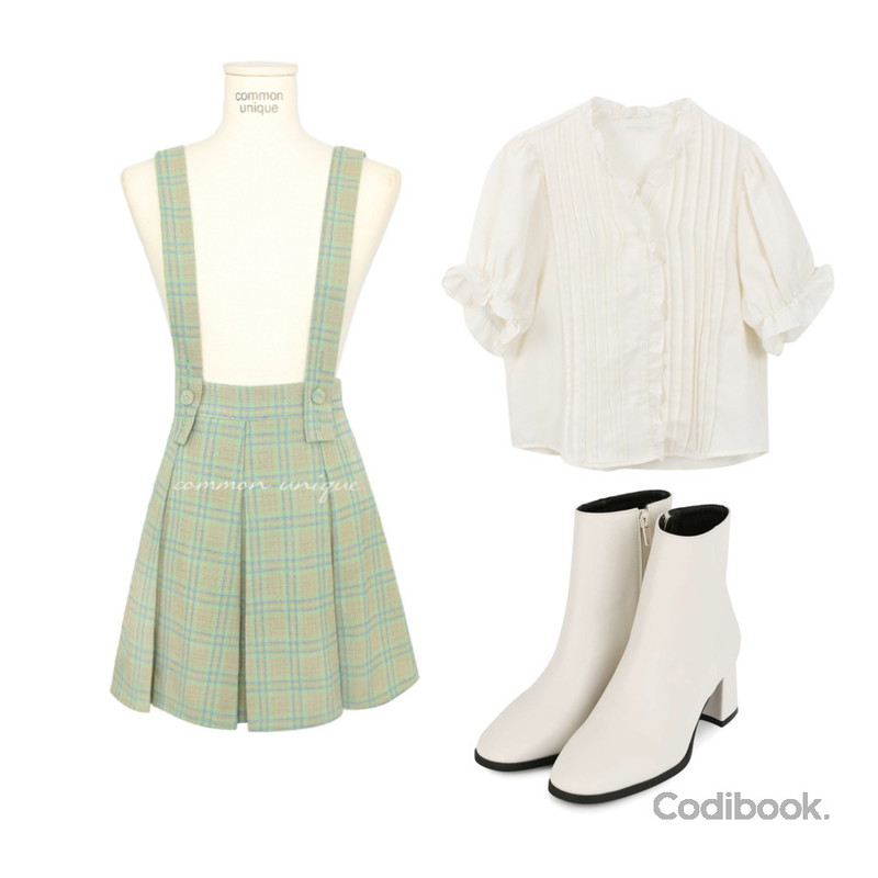 common unique REINA CHECK PLEATS SUSPENDER SKIRT,WONLOG 핀턱 프릴 블라우스,somedayif 무빙 미들 힐 앵클 부츠등을 매치한 코디