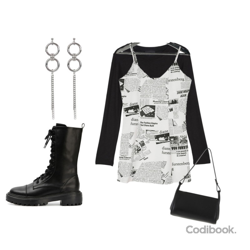 biznshoe Chain ring earring,somedayif 피버 레이스 업 워커 부츠,VANILLAMILK 페이퍼 뷔스티에 슬림 미니 원피스등을 매치한 코디