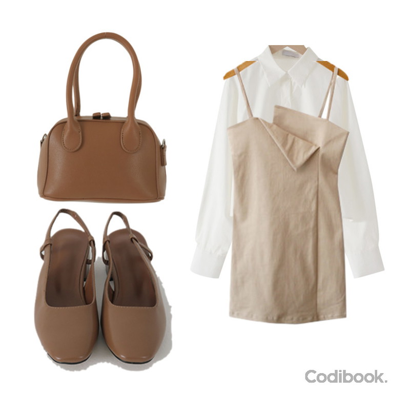 ENVYLOOK 언발랩나시원피스,From Beginning 올데이 미들힐슬링백슈즈 (7color),Codibook Delight Swan Cotton Cropped Shirt등을 매치한 코디