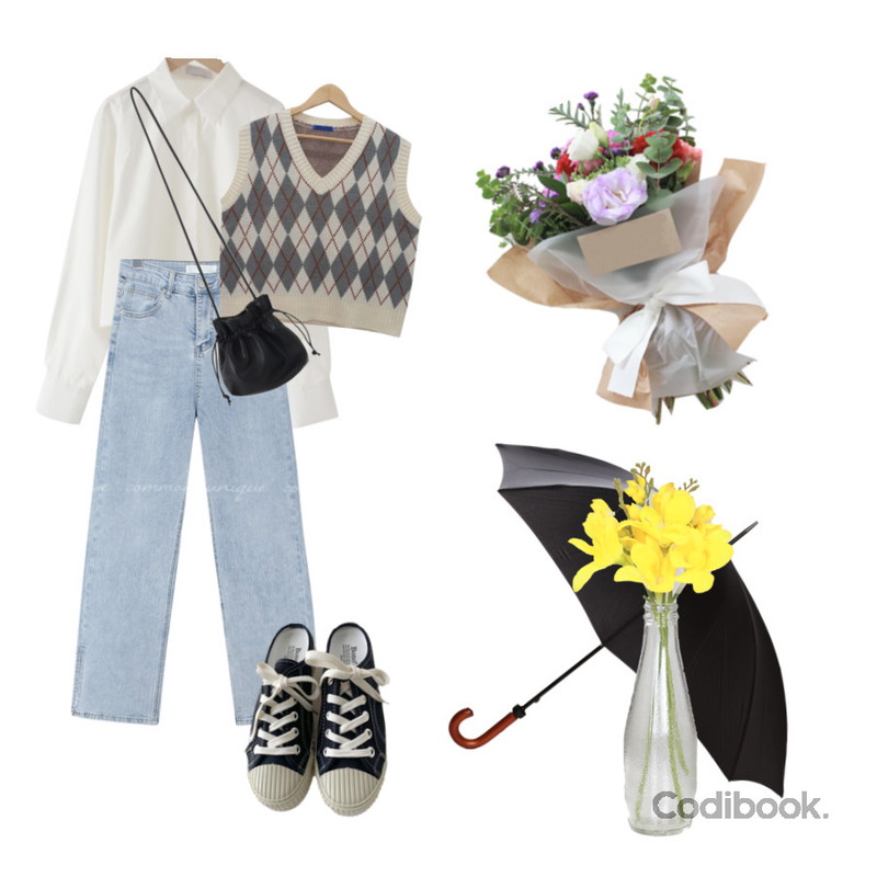 BULLANG GIRL 레이 아가일 니트 조끼,ENVYLOOK 코버스니커즈뮬,Codibook Delight Swan Cotton Cropped Shirt등을 매치한 코디