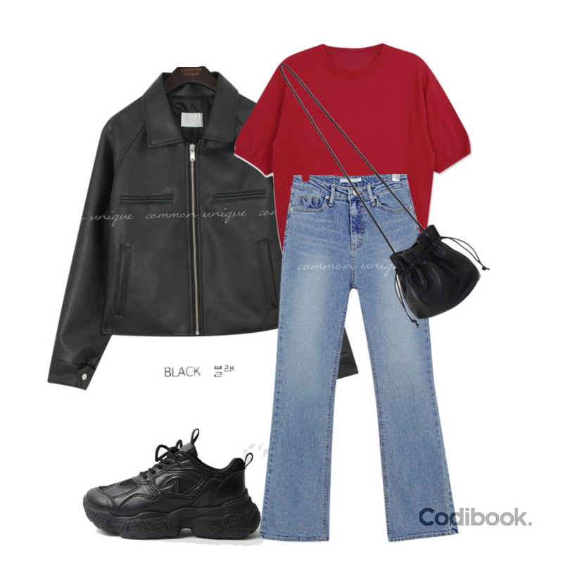 common unique SIDE CUTING BOOTS DENIM PANTS,Zemma World 《기획상품》베이직캐시 라운드 반팔니트,common unique REOD STANDARD LEATHER JACKET등을 매치한 코디