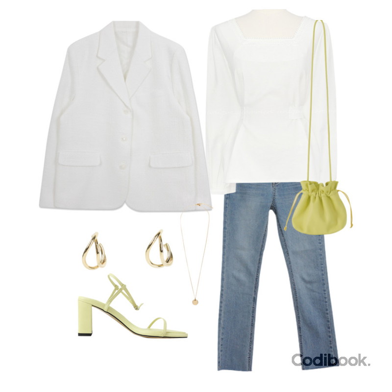 biznshoe Round necklace,somedayif 투엘브 서클 이어링,BULLANG GIRL 로라 데님 슬림 일자 팬츠등을 매치한 코디