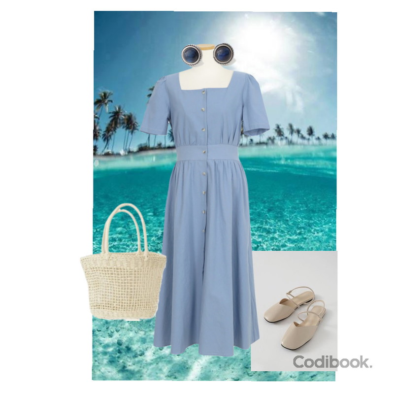 AFTERMONDAY dry woven bag,AFTERMONDAY bluetiger gemstone earrings,AWAB 로므린넨롱원피스등을 매치한 코디