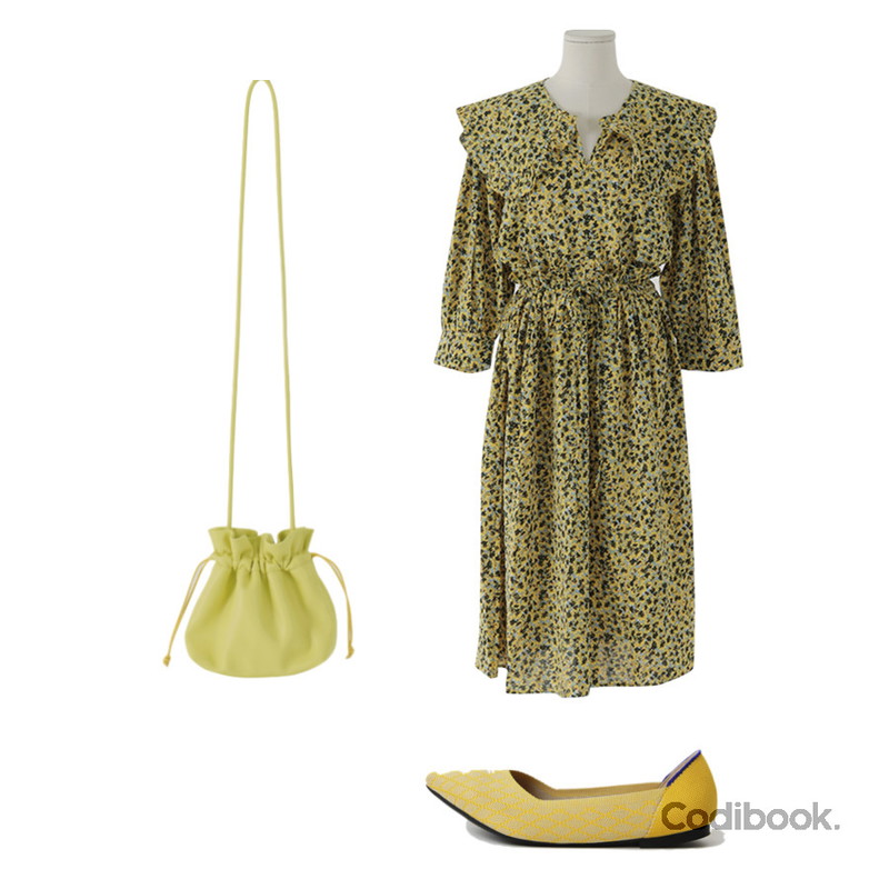 From Beginning 엘사 러플플라워롱원피스 (2color),From Beginning 미니멀 럭키숄더백 (5color),LOVELY SHOES 셀르 플랫슈즈 1cm등을 매치한 코디