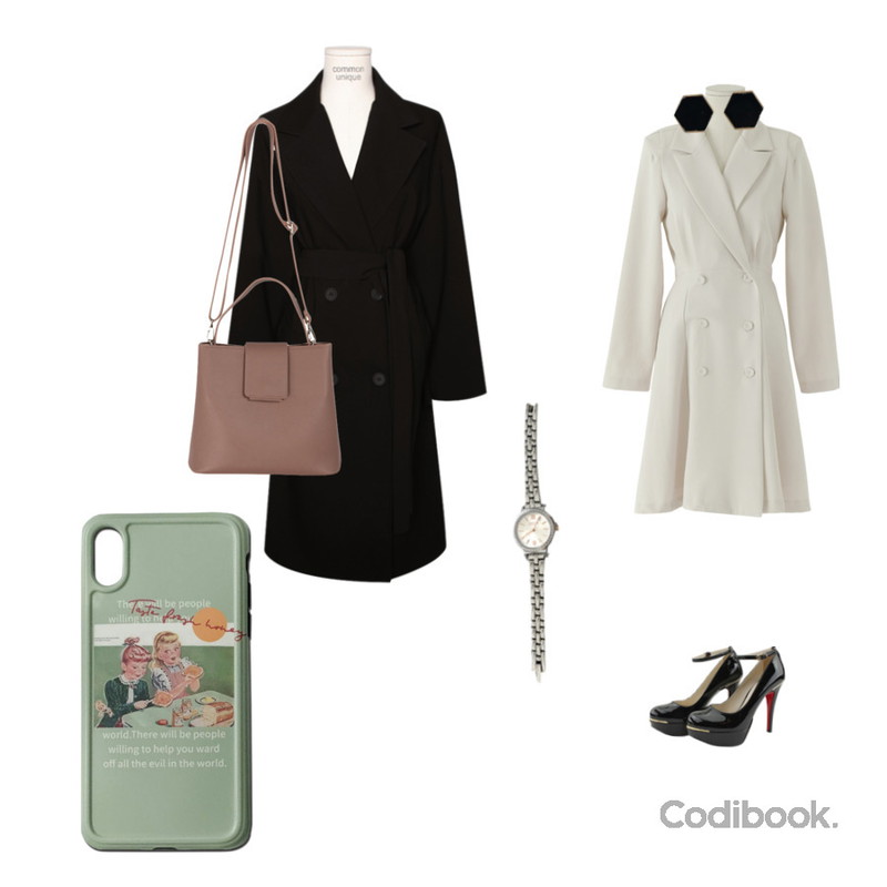 BANHARU minimal hexagon earring,ENVYLOOK 큐빅메탈와치,common unique MODERN STRAP LONG COAT등을 매치한 코디