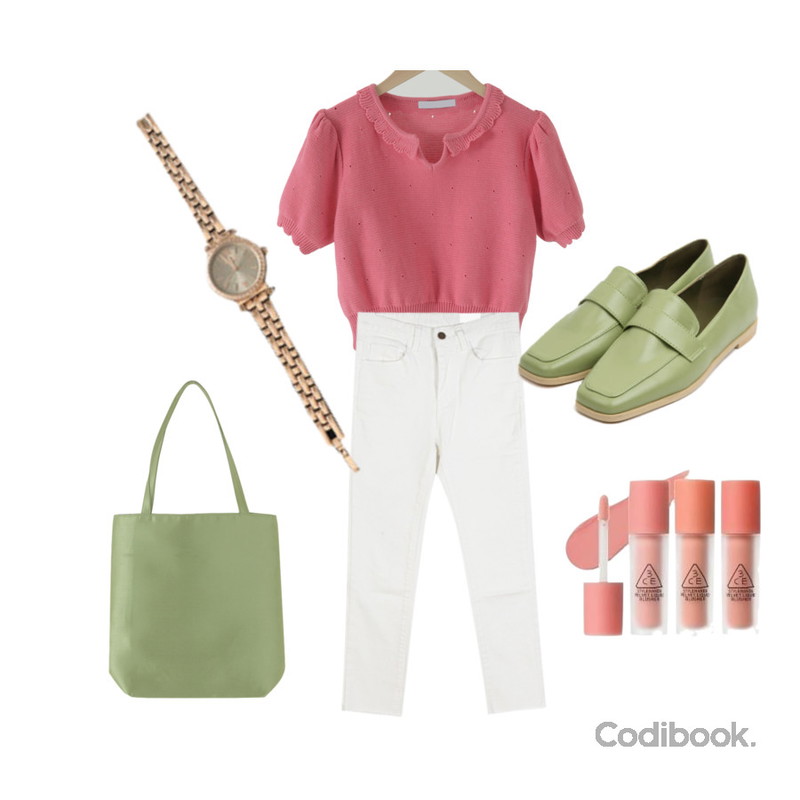 ENVYLOOK 큐빅메탈와치,AIN selly classic line loafer (230-250),From Beginning 소피아 새틴미니토트백 (6color)등을 매치한 코디