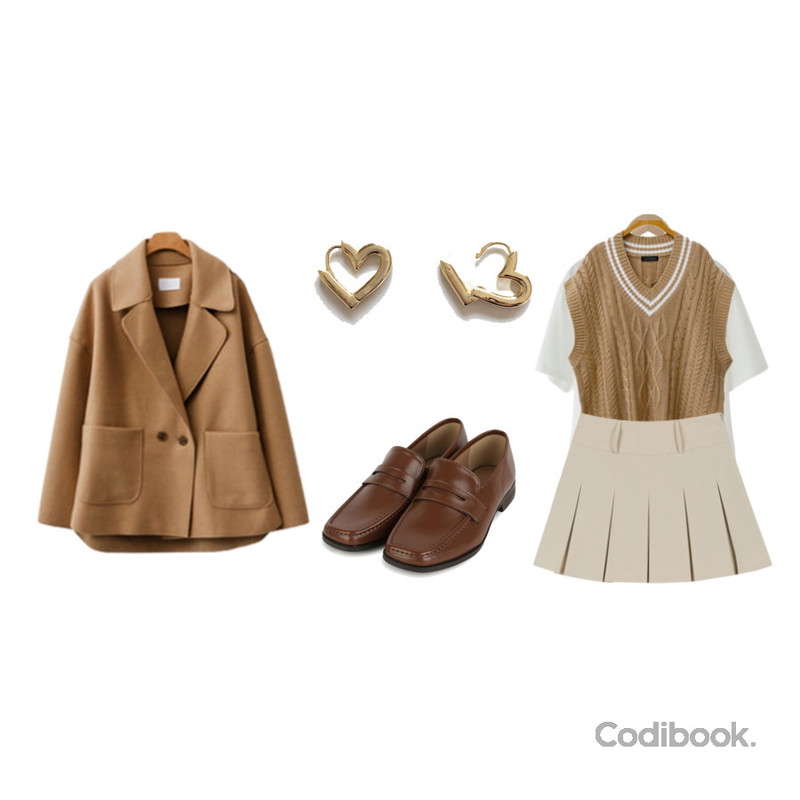 lavenir flory onetouch earring,ENVYLOOK 로코크림코트,ENVYLOOK 피셔맨박스니트조끼등을 매치한 코디