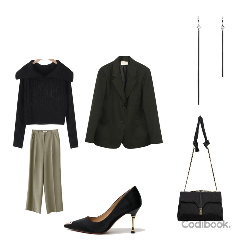 biznshoe Silver stick earring,ENVYLOOK 차르르슬랙스,somedayif 빅 샤샤 텍스처 숄더 백등을 매치한 코디