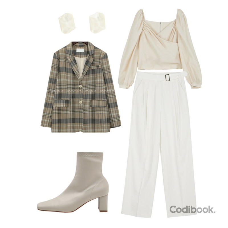 common unique LOGON WOOL CHECK BOXY JACKET,somedayif 메이유 랩 블라우스,somedayif 버드 버클 코튼 슬랙스등을 매치한 코디