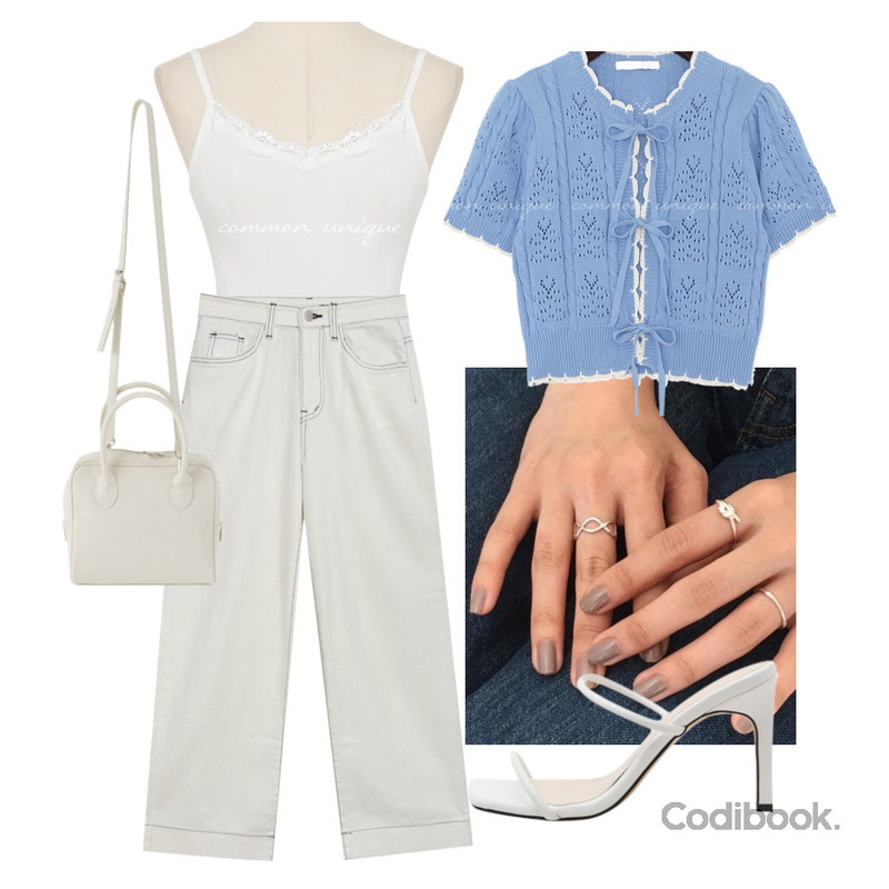 common unique REILY LACE CROP SLEEVELESS,MIXXMIX 133 스티치 팬츠,lavenir (silver925) ender ring등을 매치한 코디