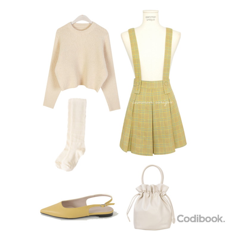 From Beginning 포인티드 슬링백플랫슈즈 (5color),somedayif 클라우드 폴딩 투웨이 토트 백,common unique REINA CHECK PLEATS SUSPENDER SKIRT등을 매치한 코디