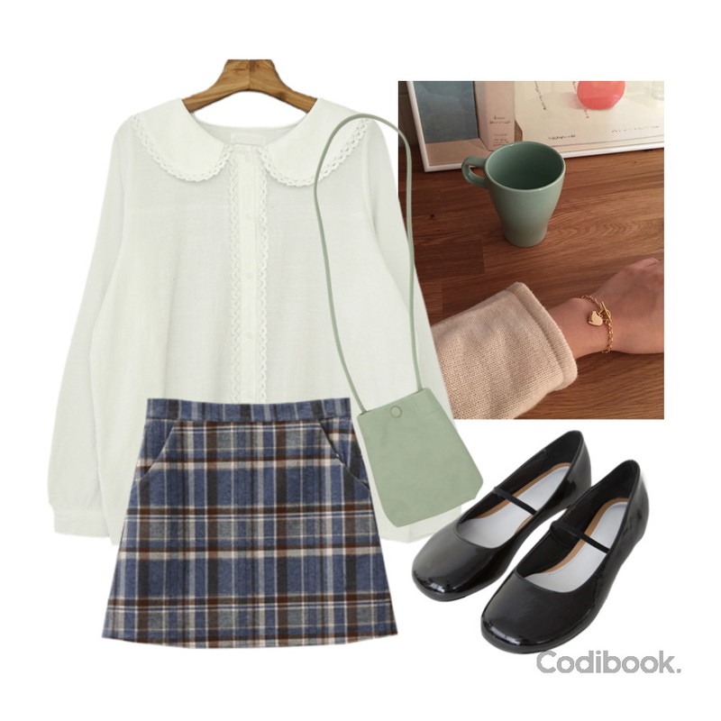 AFTERMONDAY cute shape flat shoes (3colors),Zemma World 세라네추럴 블라우스,ENVYLOOK 해브스판체크스커트등을 매치한 코디