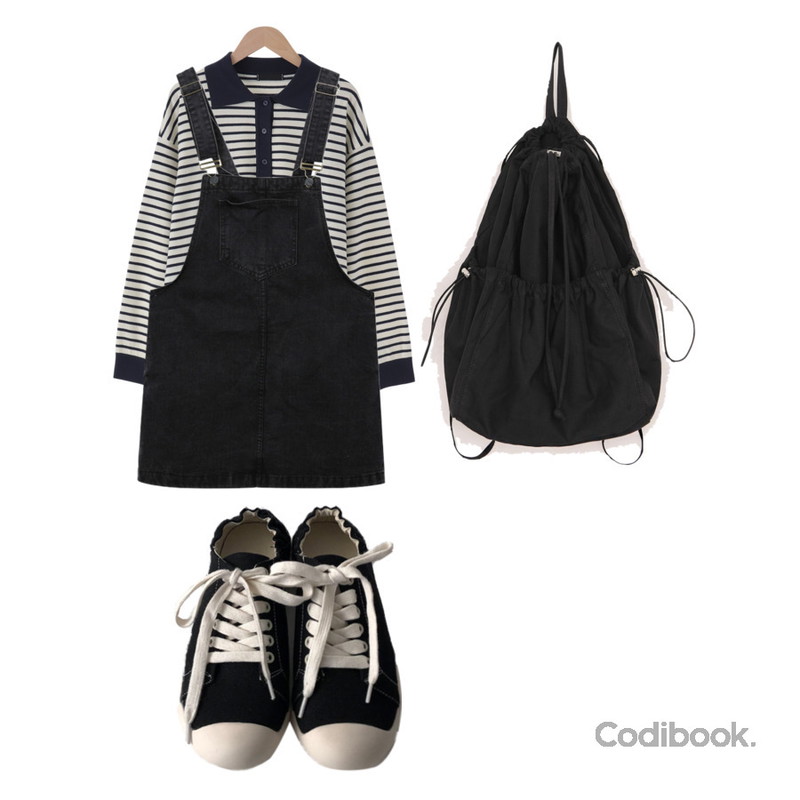 MIXXMIX 유니 멜빵 미니 원피스,common unique TIVA POCKET STRING BACKPACK,AWAB 러버밴드스니커즈(2cm)등을 매치한 코디