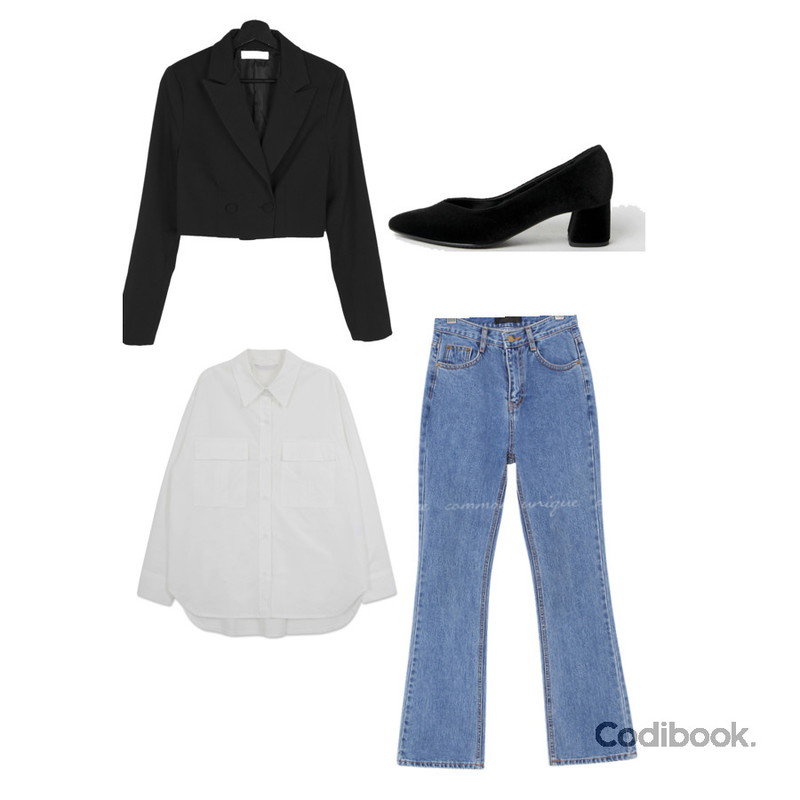 LOVELY SHOES 르베즈 벨벳 미들힐 펌프스 5cm,common unique KOLLO WASHING BOOTS DENIM PANTS,VANILLAMILK 테라SET(크롭 자켓)등을 매치한 코디