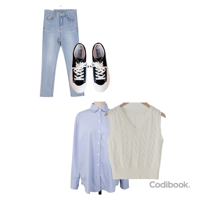 From Beginning 하이틴 케이블크롭베스트 (4color),ENVYLOOK 스티치데일리스니커즈,UPTOWN HOLIC 데이코튼 nb (ver. 스탠다드 핏) / 소라,화이트등을 매치한 코디