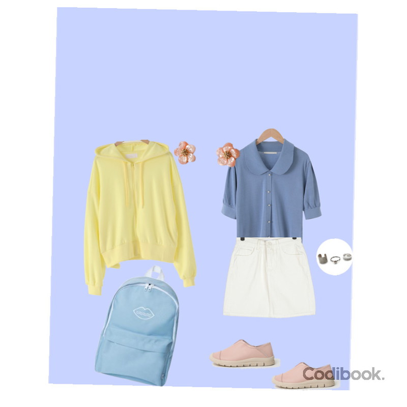 Zemma World Daily pic ring (3set),MIXXMIX Logo Backpack,LOVELY SHOES 슈즈메이트 슬립온 블로퍼 3cm등을 매치한 코디