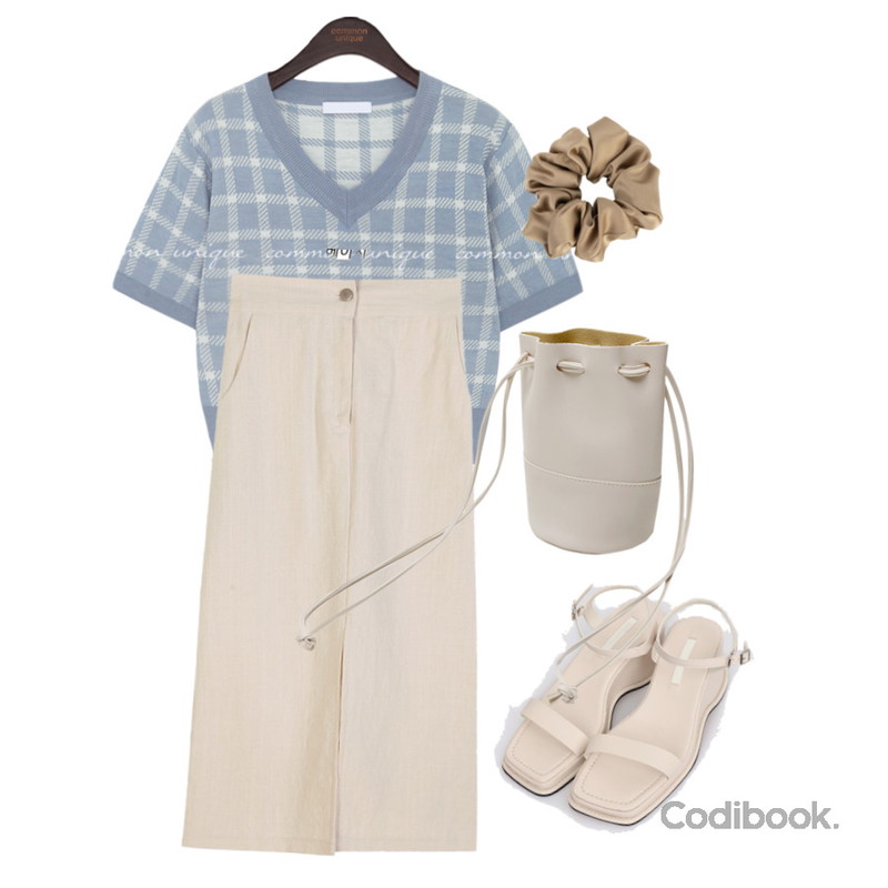 common unique MONT CHECK V NECK 1/2 KNIT,somedayif 새틴 모어 슈슈 스크런치,dangosister 반트앞트임SK(3c)♥뒷밴딩등을 매치한 코디