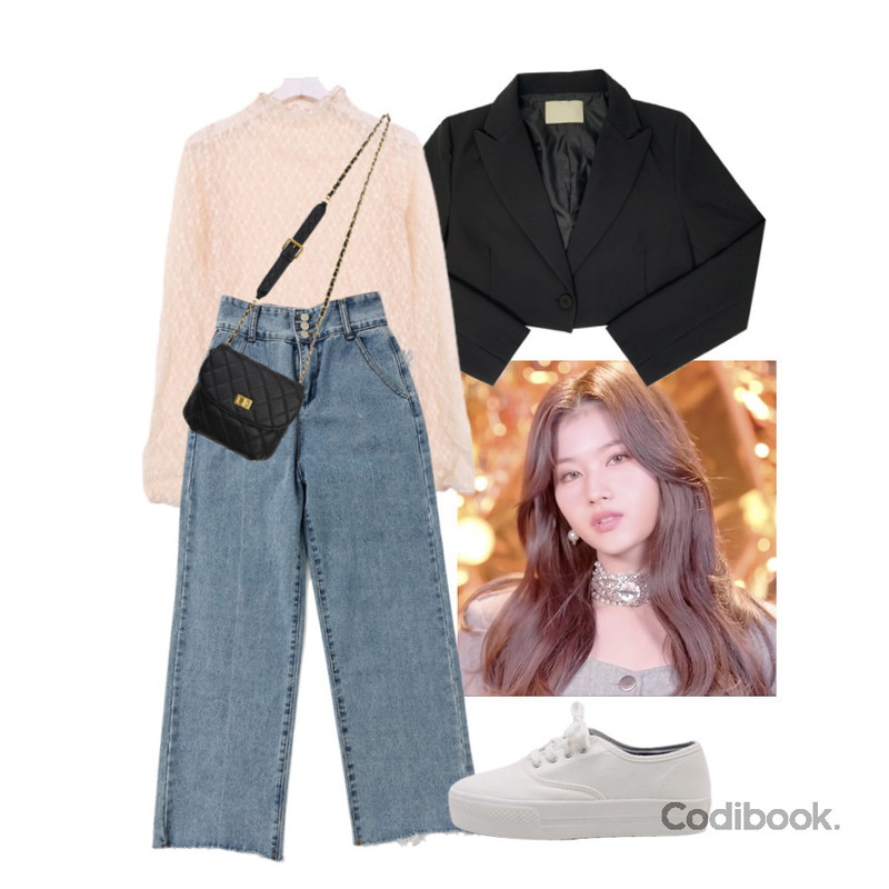 BULLANG GIRL 시스루플라워T,somedayif 로티 엠보싱 숄더 백,NONCODE 데이 쓰리버튼 와이드 데님등을 매치한 코디