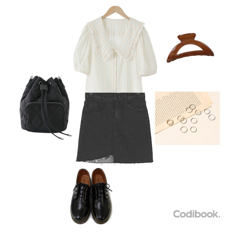 LOVELY SHOES 퀄팅 백팩&버킷백,common unique THIN LAYERED RING 6 SET,binary01 옥스퍼드 엔토 로퍼등을 매치한 코디