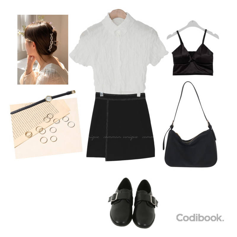common unique THIN LAYERED RING 6 SET,binary01 사틴 이루 브라렛 (3월입고),From Beginning 소호 벨티드플랫로퍼 (2color)등을 매치한 코디