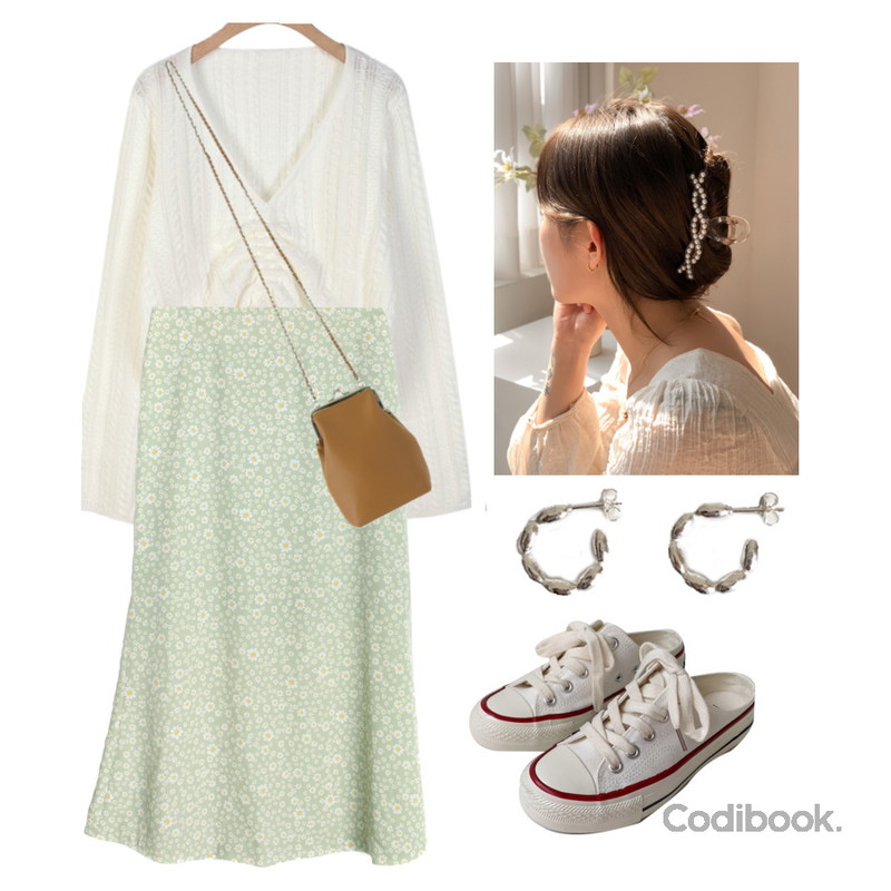 AWAB 센스뮬스니커즈,From Beginning 체인레더 코인미니백 (4color),lavenir (silver925) rice earring등을 매치한 코디
