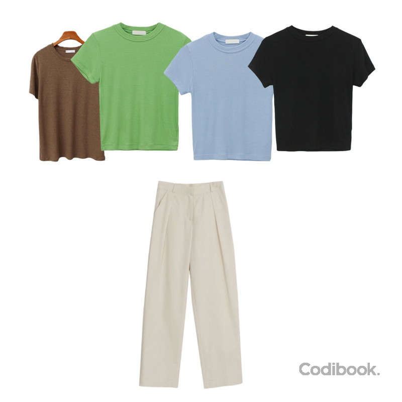 AWAB 베릴바이오핀턱팬츠(3color/2size),ENVYLOOK 마마린넨티셔츠,WONLOG 슬림 크롭 티등을 매치한 코디
