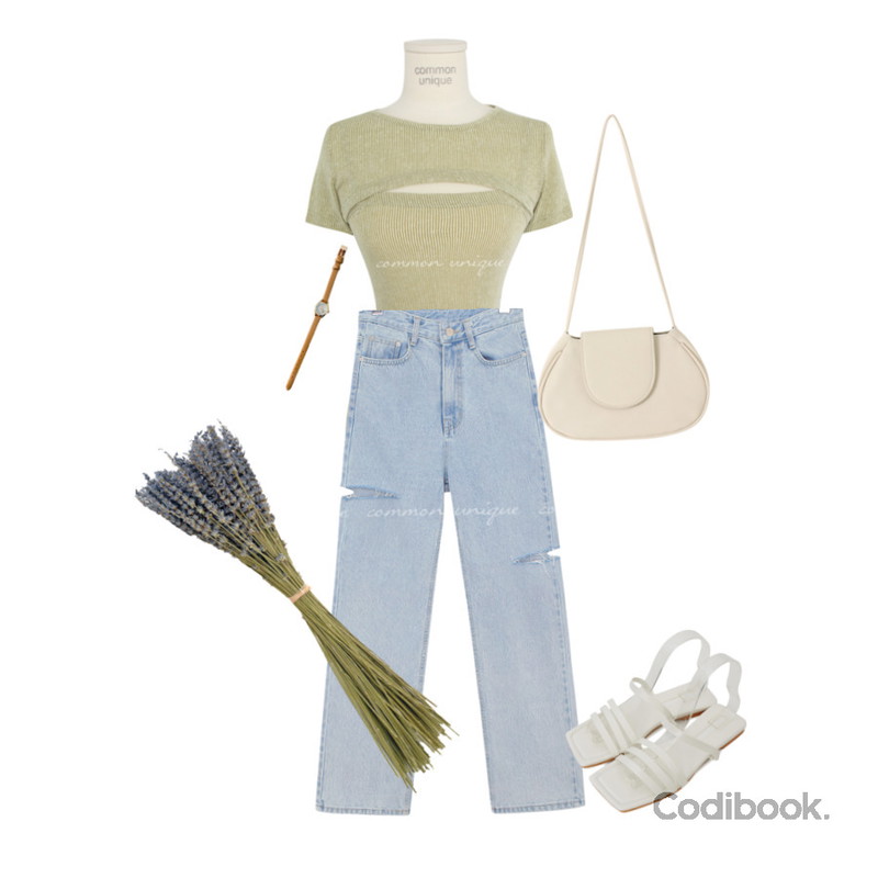 From Beginning 미니라운드 소가죽시계 (2color),common unique KOCOON SIDE CUTING DENIM PANTS,common unique RUMBO GOLGI SLIM FIT LAYERED 1/2 T등을 매치한 코디