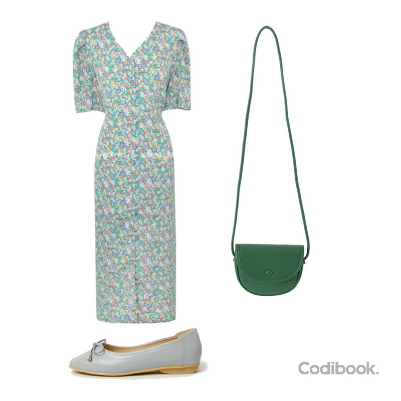 LOVELY SHOES 슈즈맛집 키높이 플랫슈즈 3cm,common unique DAROIN FLORAL V NECK MAXI OPS,From Beginning 리틀 하프문레더숄더백 (5color)등을 매치한 코디