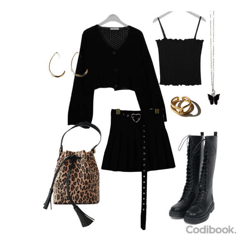 BANHARU fake curve earring,binary01 크롭 니쥬 시스루가디건,common unique NELL TWIST CIRCLE BOLD RING등을 매치한 코디