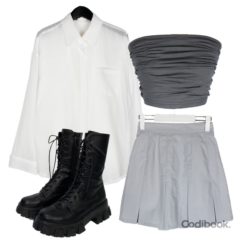 binary01 루앤 레이스업 워커,CLOSET ME 셔링 탑 뷔스티에 (3color),CLOSET ME 크래커 플리츠 스커트 (3color)등을 매치한 코디