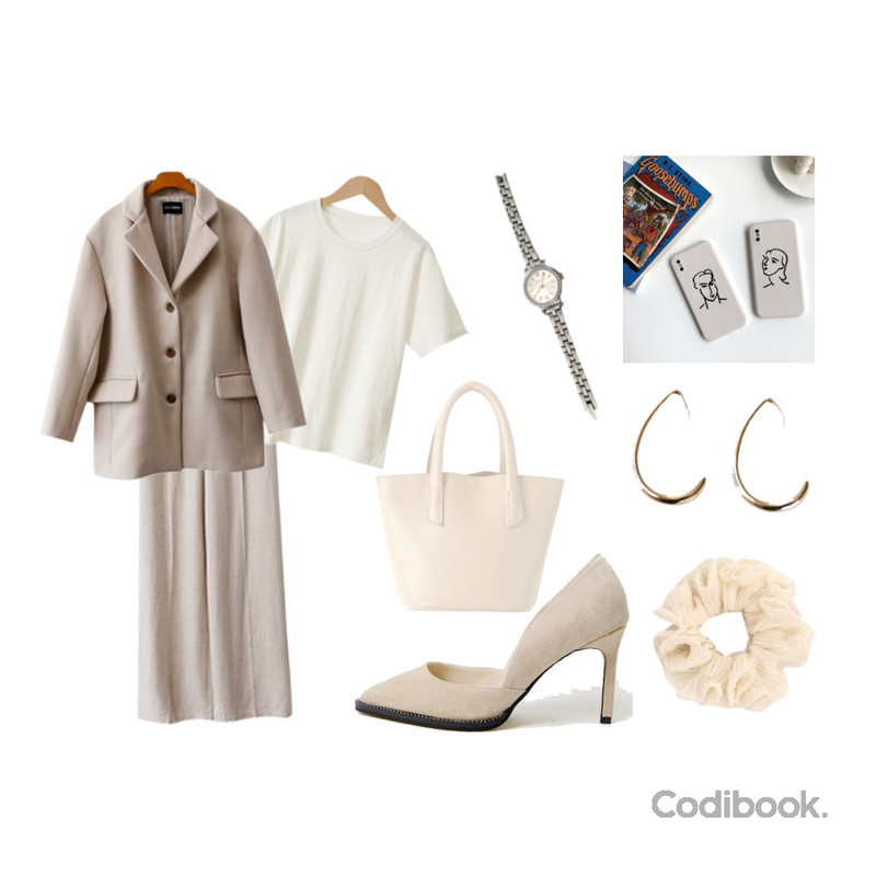 BANHARU fake curve earring,ENVYLOOK 큐빅메탈와치,common unique MUST WRINKLE HAIR STRING등을 매치한 코디