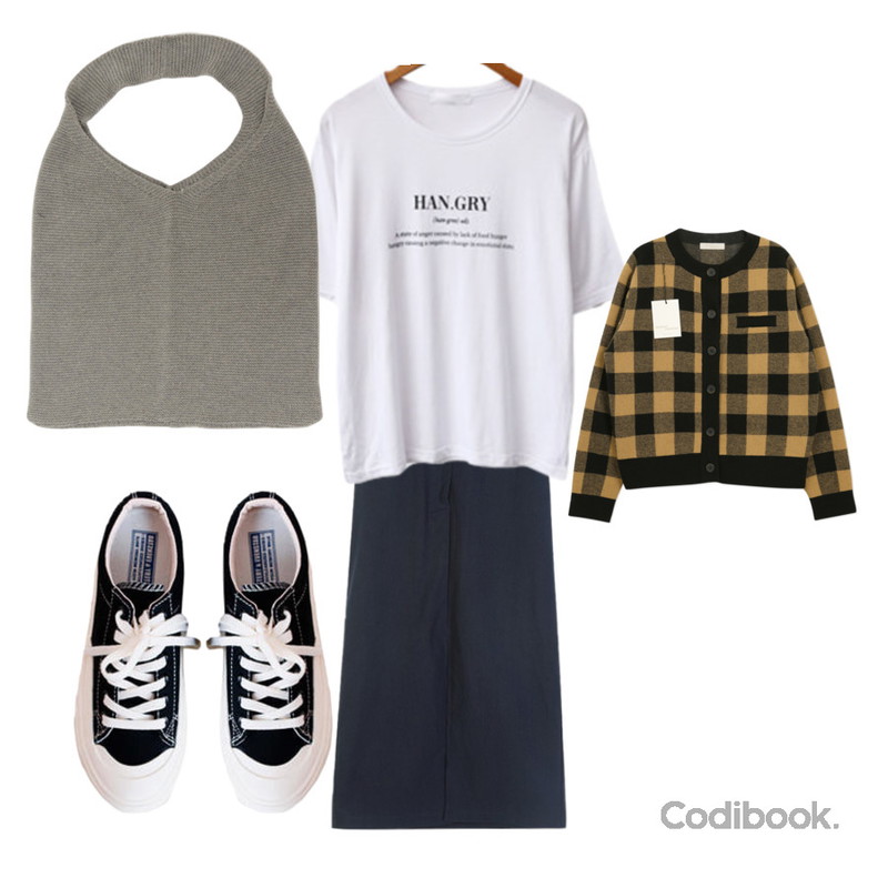 From Beginning Slow knit eco bag_C (size : one),Zemma World MMMM/ 빅체크 고밀도가디건,ENVYLOOK 스티치데일리스니커즈등을 매치한 코디