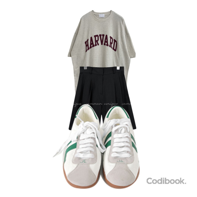 From Beginning 매티컬 컬러스니커즈 (3color),gifteabox 하버드 오버핏 남녀공용 반팔 티셔츠,common unique KEATS SET-UP LINEN PINTUCK SHORT등을 매치한 코디