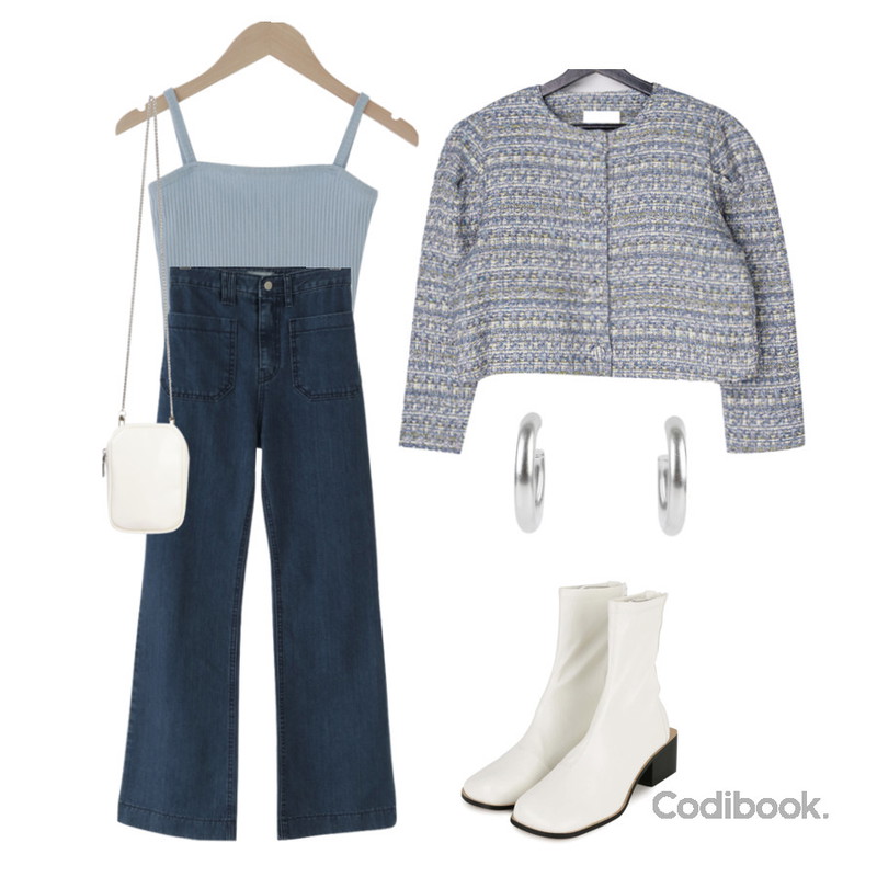somedayif 바오 서클 이어링,VANILLAMILK 안도라 퍼프 트위드 자켓,From Beginning MORE JEAN_Pocket boots-cut등을 매치한 코디