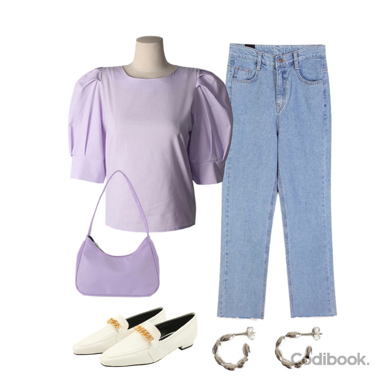 designershoes 골드 체인 클래식 로퍼 구두 와인색,lavenir (silver925) rice earring,GIRLS RULE 올리 퍼프 블라우스 (bl0690)등을 매치한 코디