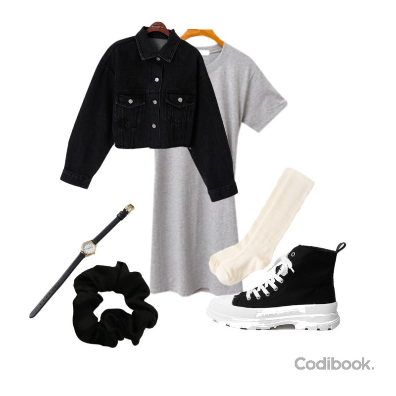 Zemma World Ahin-곱창밴드 (scrunchie),binary01 컷팅크롭 마엘 데님자켓,LOVELY SHOES 벤치아 하이탑 워커 스니커즈 3cm등을 매치한 코디