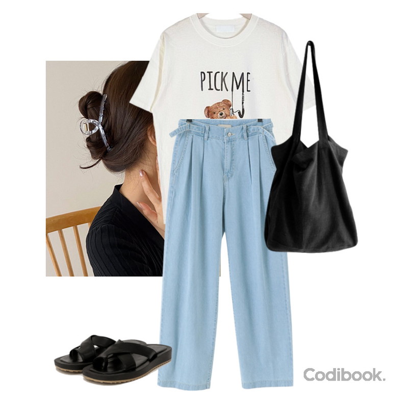 AFTERMONDAY light linen eco bag (3colors),lavenir nori hair pin,From Beginning 핀턱 벨트와이드데님팬츠 (2color)등을 매치한 코디