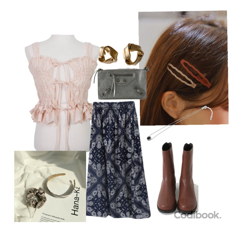 LOVELY SHOES 발렌트 클러치백,common unique BILLOW COLOR WAVE HAIR PIN,viewlap 1+1 체크 머리띠 헤어곱창 세트등을 매치한 코디