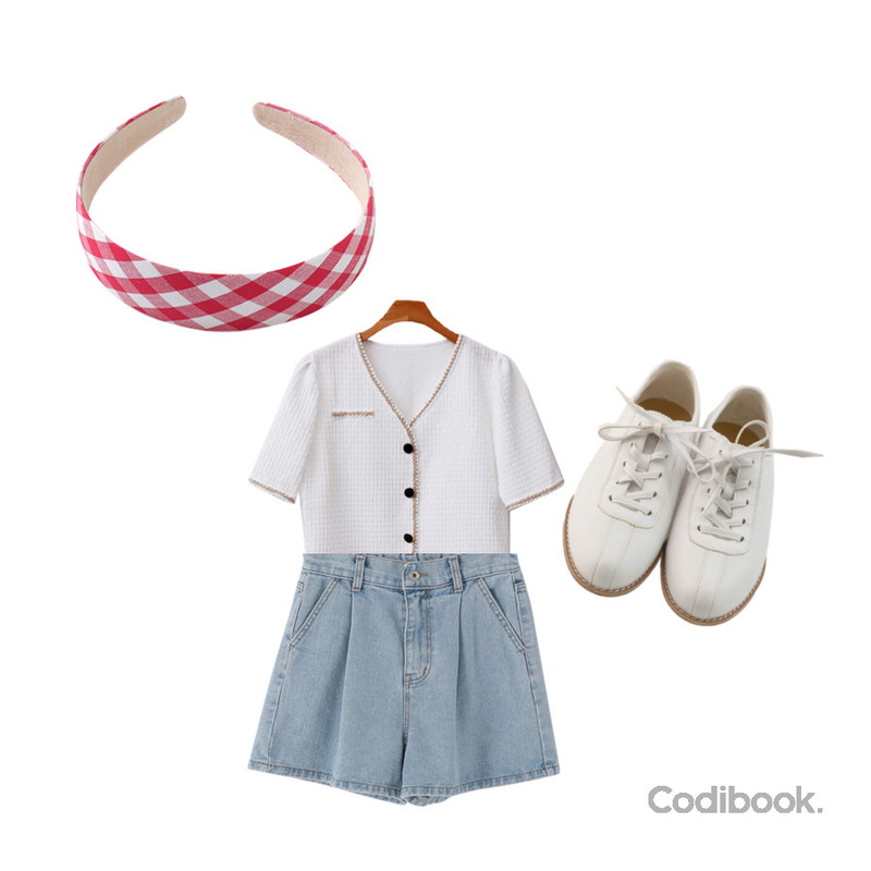 BANHARU 루시 스티치 스니커즈,From Beginning 베이직 체크헤어머리띠 (3color),ENVYLOOK 르보단추블라우스자켓등을 매치한 코디