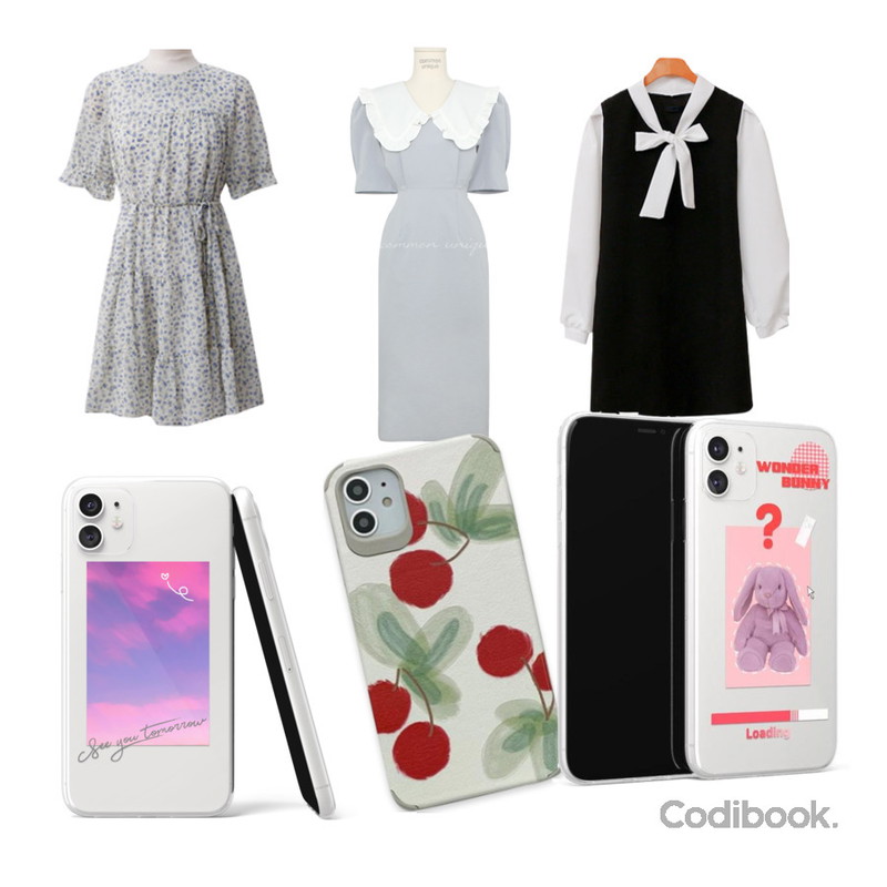 jungucase 원더바니케이스,owler market 체리 유화 아이폰케이스,jungucase 핑크스카이케이스등을 매치한 코디