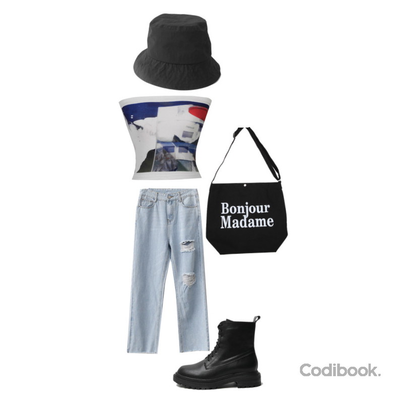 BULLANG GIRL 봉쥬르에코백,ENVYLOOK 허쉬빈티지데님,LOVELY SHOES 지코엘 가죽 워커 4cm등을 매치한 코디