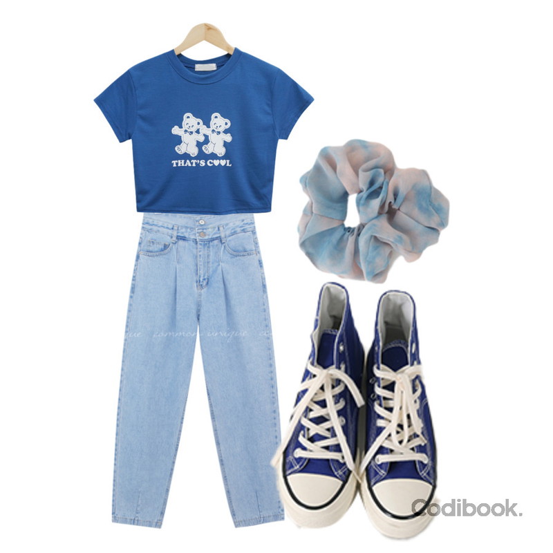AFTERMONDAY watery dyed hairband (3colors),From Beginning 하이탑 컨버스스니커즈 (9color),common unique RIMAL 2 BUTTON BAGGY DENIM PANTS등을 매치한 코디
