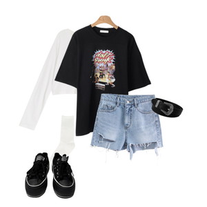 長袖Tシャツ,半袖Tシャツ,ショートパンツ 코디