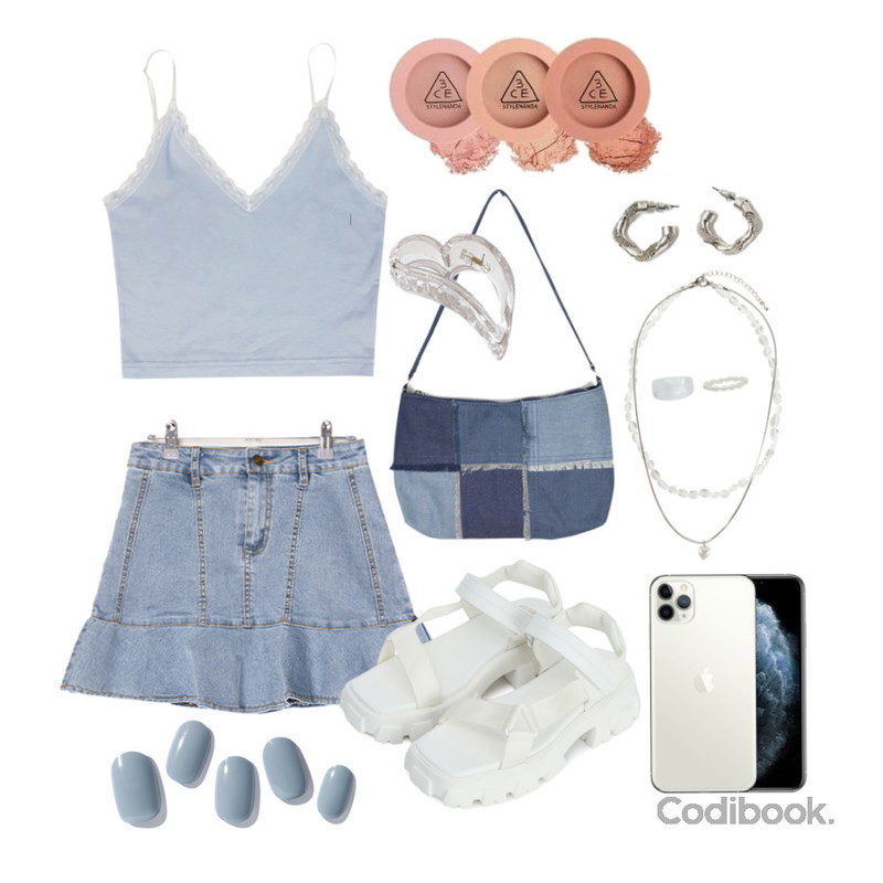 VANILLAMILK 쥬리 셔링 데님 미니 스커트,Codi 3CE 무드레시피 페이스 블러쉬 5.5g #Makeup,ENVYLOOK 블루벨등을 매치한 코디