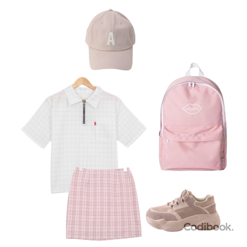MIXXMIX Logo Backpack,LOVELY SHOES 로드 가죽 어글리 스니커즈 5.5cm,BULLANG GIRL 모엣모모체크SK등을 매치한 코디