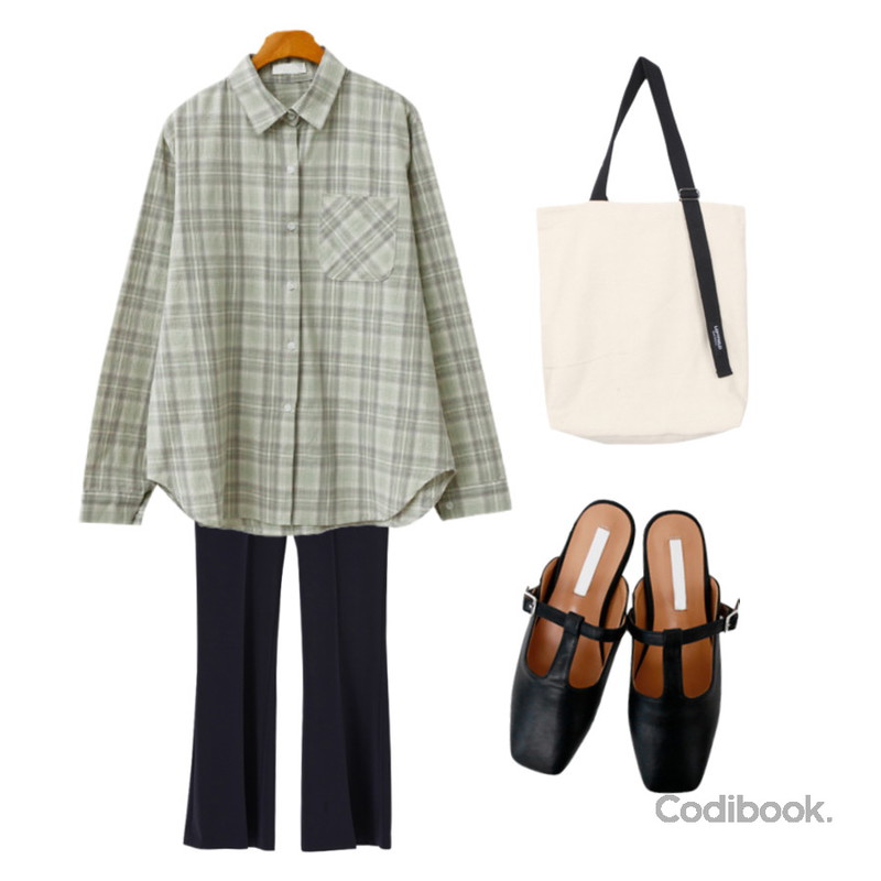 BULLANG GIRL 레터리에코백,ENVYLOOK 그랜드체크셔츠,ENVYLOOK 티로드블로퍼등을 매치한 코디
