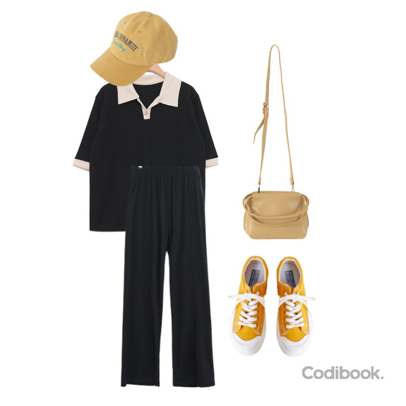 ENVYLOOK 스티치데일리스니커즈,From Beginning 라이크 레터링빈티지볼캡 (5color),From Beginning 파스텔 레더미니토트백 (4color)등을 매치한 코디
