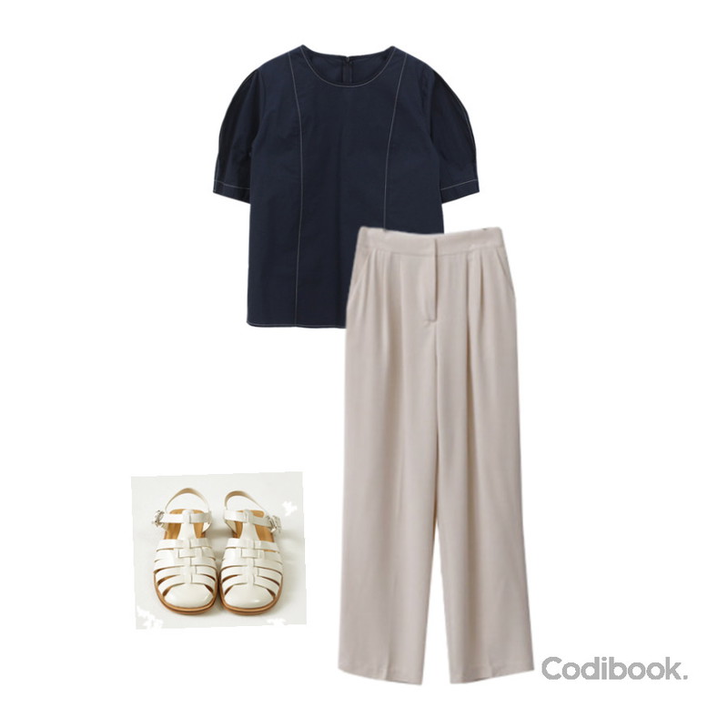 ENVYLOOK 셀럽투주름슬랙스,WONLOG 웨어 스티치 블라우스,From Beginning 젤리 글래디에이터샌들 (4color)등을 매치한 코디