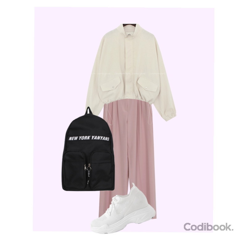 BULLANG GIRL 뉴욕포리백팩,common unique RUMERY LINEN STRING YASANG JUMPER,LOVELY SHOES 로인츠 키높이 삭스 스니커즈 8cm등을 매치한 코디