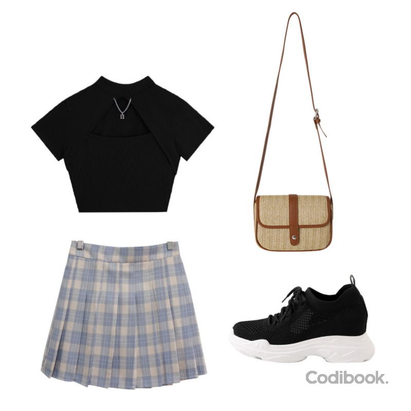 BULLANG GIRL 엘레나 밴딩 체크 스커트,MIXXMIX HIDE Chain Crop Top (Olive)HIDE Slit Band Long Skirt (Olive)SET,LOVELY SHOES 로인츠 키높이 삭스 스니커즈 8cm등을 매치한 코디